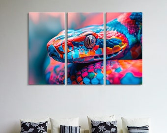 May include: A multi-panel canvas print featuring a close-up of a colorful snake with red, blue, green, and yellow scales. The snake's eye is visible and has a black pupil.