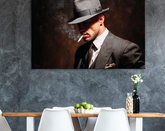 1920er Jahre Gangster Wandkunst | Klassisches Noir Mafia Portrait | Antiker Mann Höhle Dekor