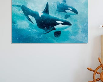 Orca Watercolor Canvas Print – Gentle Ocean Art for Nursery or Kids Room