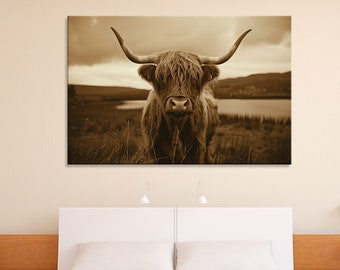 Sepia Highland Cow Canvas Print: Vintage Scottish Cattle Wall Art