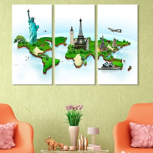 Carte artistique des monuments du monde - Explorez des merveilles emblématiques à chaque coup de pinceau, art des monuments, carte du monde, structures célèbres, décoration de voyage