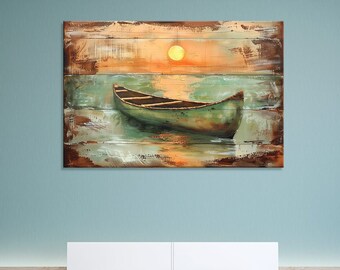 Op de afbeelding: Een schilderij van een groene kano op een wateroppervlak met een zonsondergang op de achtergrond. Het schilderij is op een achtergrond van houten planken.