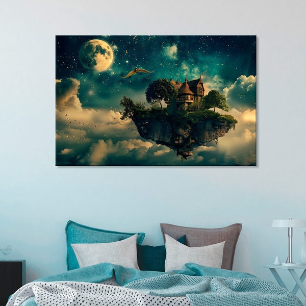 Dreamy Castle on Cloud Island Art, Dream Castle, Cloud Island Art, Fantasy Decor, Dreamlike Art, Surreal Landscape, Floating Castle