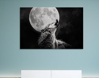 Impressão em tela do lobo uivante: arte de parede do céu noturno ao luar