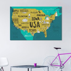 Carte des États-Unis illustrée à la main, États-Unis d'Amérique, États et lieux d'intérêt fantaisistes, Cartographie artistique