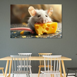 Lindo ratón con estampado de lienzo de queso, arte de pared de animales de dibujos animados, decoración caprichosa del ratón, arte juguetón de la habitación de los niños, decoración de la pared de la guardería