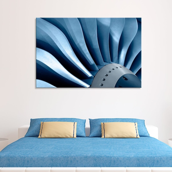 Essence de turbine Azure : fragment de moteur d'avion dans une teinte bleue, impression sur toile, ensemble d'affiches de turbine, décoration murale, ensemble d'affiches de toile