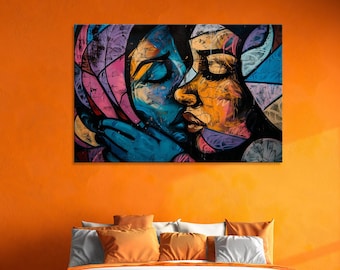 Kissing Women Abstract Art: Modern Love Painting on Canvas