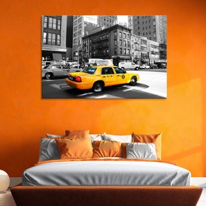 Yellow Taxi in NYC Canvas, Urban Street Monochrome, New York City Cab Art, Cityscape Contrast Print, Taxi Rush Wall Art