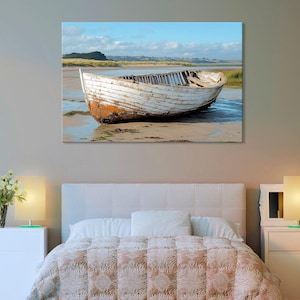 Old Broken Boat on River Shore Canvas Print, Rustic River Wall Art, Weathered Boat Decor, Riverbank Scene Art, Nautical Canvas