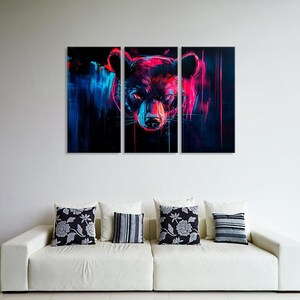 Neon Pixel Bear Poster, Retro Gaming Wall Art, 80s Inspired Pixelated Bear Print, Neon Animal Decor