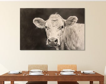 May include: A black and white photograph of a white cow with a dark background. The cow is looking directly at the camera. The photograph is hanging on a wall above a wooden dining table with chairs and a bench.