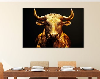 Stampa su tela "Toro d'oro": decorazione murale di lusso, simbolo di ricchezza