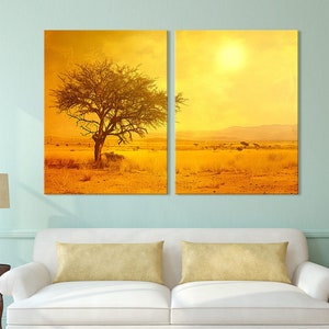 Yellow Tree in Savanna Canvas Print, Yellow Wall Art, African Landscape Decor, Bright Savanna Canvas, Nature Lover&#39;s Wall Decor