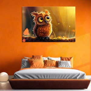 Impresión de lienzo de búho de dibujos animados lindo, arte divertido de la pared del búho, decoración juguetona del búho, lienzo de la habitación de los niños, arte caprichoso del búho, decoración de la pared de la guardería