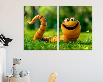 Cartoon Worm Canvas Print: Whimsical Kids Room Wall Art