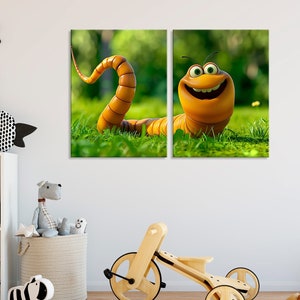 Impresión alegre de lienzo de gusano de dibujos animados, arte divertido de la pared, decoración caprichosa del gusano, lienzo de animales juguetones, arte lindo del gusano, decoración alegre de la pared