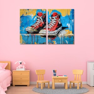 Impression sur toile baskets graffiti, oeuvre d'art mural jeunesse, décoration street style urbain, art de chaussures tendance, décoration murale tendance, toile graffiti moderne