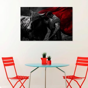 Bullfighter and Bull, Matador Touches the Bull, Spanish Tradition, Canvas Print Wall Art