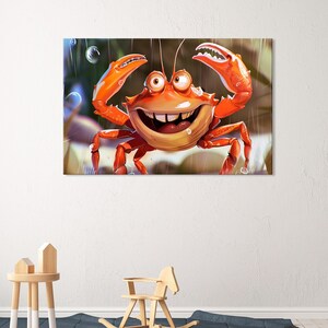 Impresión de lienzo de cangrejo de dibujos animados sonriente, arte de pared divertido, decoración marina caprichosa, lienzo de animales juguetones, arte de cangrejo lindo, decoración de pared alegre
