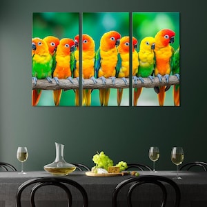 Colorful Parrots on Branch Canvas Print, Vibrant Parrots Wall Art, Exotic Bird Decor, Tropical Nature Canvas, Bird Lover&#39;s Wall Decor