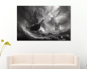 Stormy Sailboat Black and White Canvas Print, Nautical Wall Art, Ship in Storm Decor, Maritime Canvas, Dramatic Ocean Art, Nautical Decor