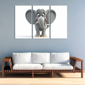 Impresión de lienzo de elefante de dibujos animados, arte de pared lindo, decoración de animales adorable, lienzo de elefante caprichoso, arte de vivero lúdico, decoración de pared divertida