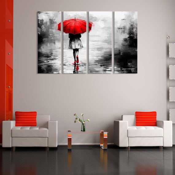 Red Umbrella Girl Canvas Art: Black and White Rainy Day