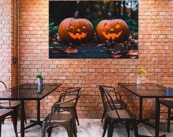 Canvaskunstdruk Halloween-pompoenen: griezelig herfstdecor