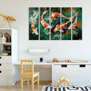 May include: A multi-panel canvas wall art featuring a vibrant abstract painting of five orange and white koi fish swimming in a green and blue water background.