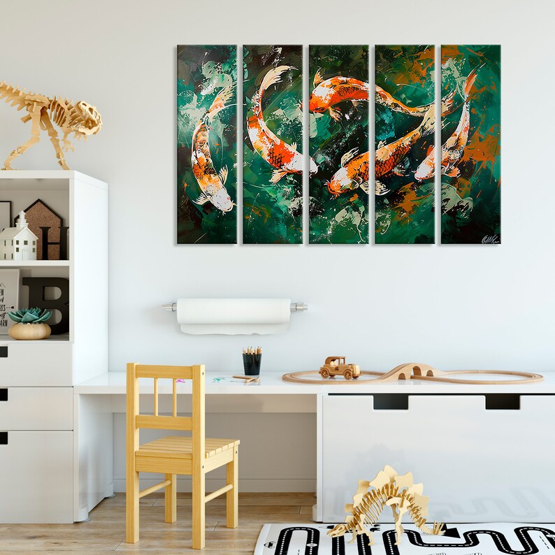 May include: A multi-panel canvas wall art featuring a vibrant abstract painting of five orange and white koi fish swimming in a green and blue water background.