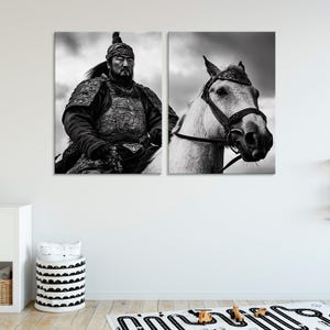 Guerrero mongol con armadura a caballo, impresión histórica en lienzo, arte épico de guerrero, decoración de pared en lienzo estirado