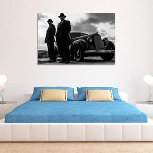 Vintage Gangsters by Classic Car, Retro Mobsters Canvas Print, Gangster Art Decor, Mafia-Themed Wall Art, Stretched Canvas Print