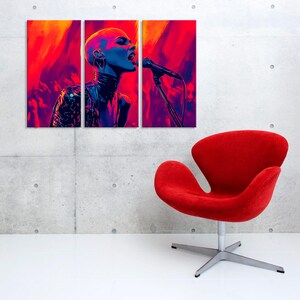Bald Singer Girl Art Print, Red-Toned Microphone Performance Wall Decor, Bold Musician Art, Perfect for Music Lovers and Creative Spaces