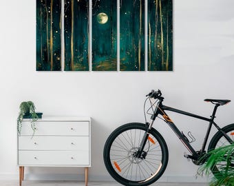 Rêves de forêt au clair de lune - Paysage nocturne abstrait avec des arbres dorés