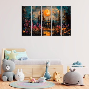 Moonlit Pine Tree Forest Wall Art, Forest Wildflowers Canvas Painting,  Rustic Forest Painting, Full Moon Wall Art, Vintage Forest Painting