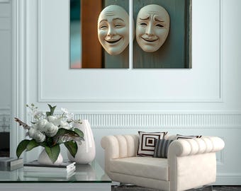 Impresión en lienzo de máscaras de comedia y tragedia: arte mural teatral