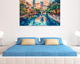 San Antonio Skyline Canvas Wall Art – Watercolor Cityscape Print on Stretched Canvas