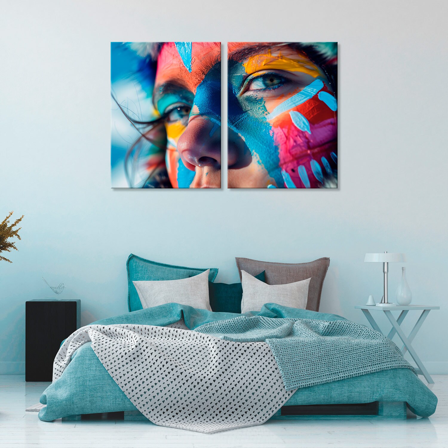 エスニックガールフェイスキャンバスプリント：鮮やかな部族の壁アート