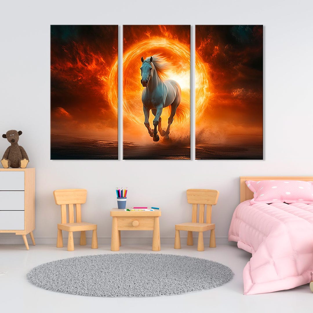 太陽に向かって走る白い馬 - 雄大な壁アートプリント - Etsy 日本