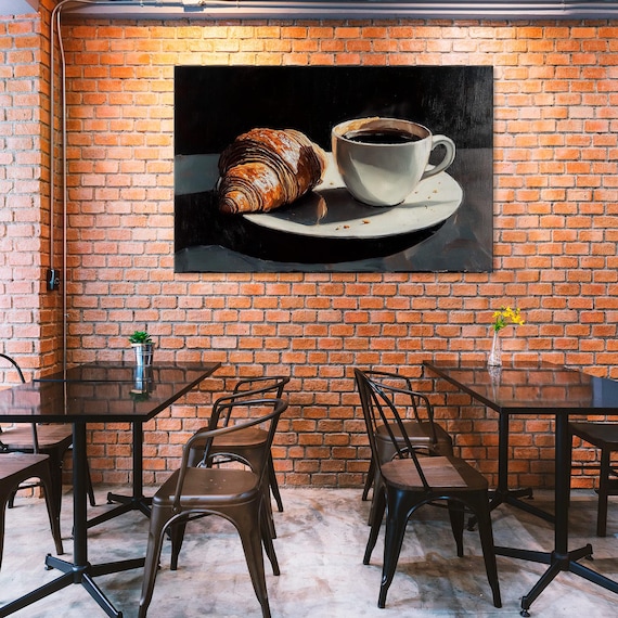 絵画 cafeteria Coffee and Croissant Canvas Print: Cozy Cafe Wall Art - Etsy