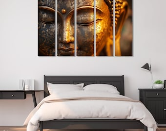 May include: A close-up of a golden Buddha statue with closed eyes. The statue is made of a textured material and has a serene expression.
