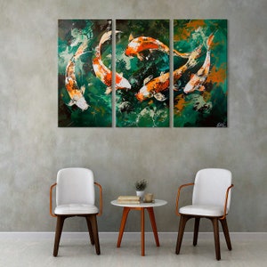 May include: A triptych canvas wall art featuring five orange and white koi fish swimming in a green and brown water scene.