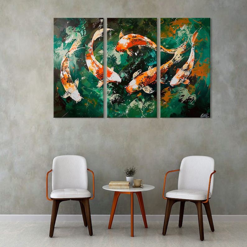 May include: A triptych canvas wall art featuring five orange and white koi fish swimming in a green and brown water scene.