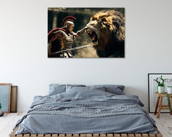 Gladiator vs Lion Kunstdruck auf Leinwand: Episches antikes Rom Dekor