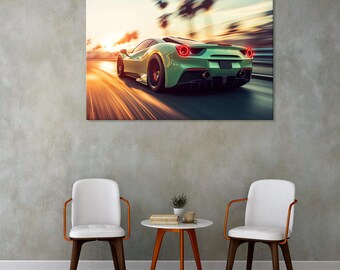 May include: A green sports car speeding down a road with a blurred background. The car has a black interior and black wheels. The car is in motion and the background is blurred.