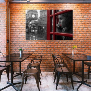 Red Phone Booth in the Rain – Black & White Canvas Print with Red Accents