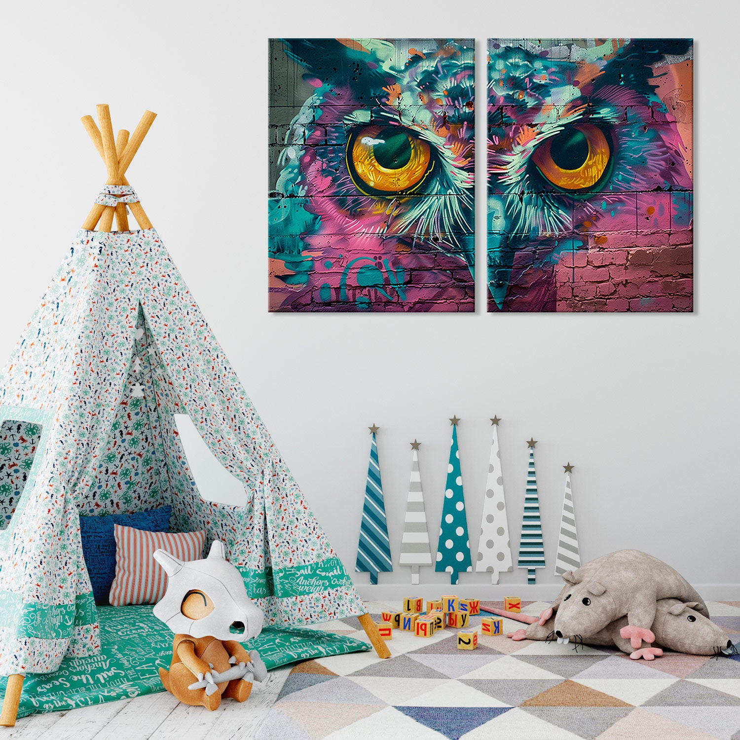 グラフィティフクロウのキャンバスプリント：都会のストリートアートの