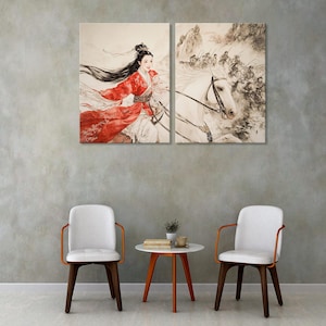 Chinese Warrior Girl on White Horse Art Print, Epic Battle Scene Wall Decor, Heroic Female Warrior, Perfect for History and Fantasy