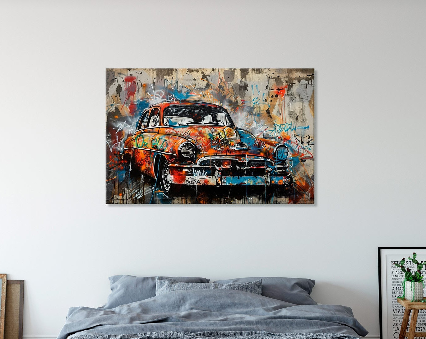 Tableau Encadré 90x60cm - Voiture Rétro Et Femme - Impression Sur Toile - Art Mural